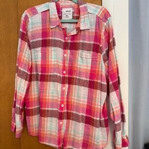 Women's Madras Plaid Button Down Shirt - Pink and Brown